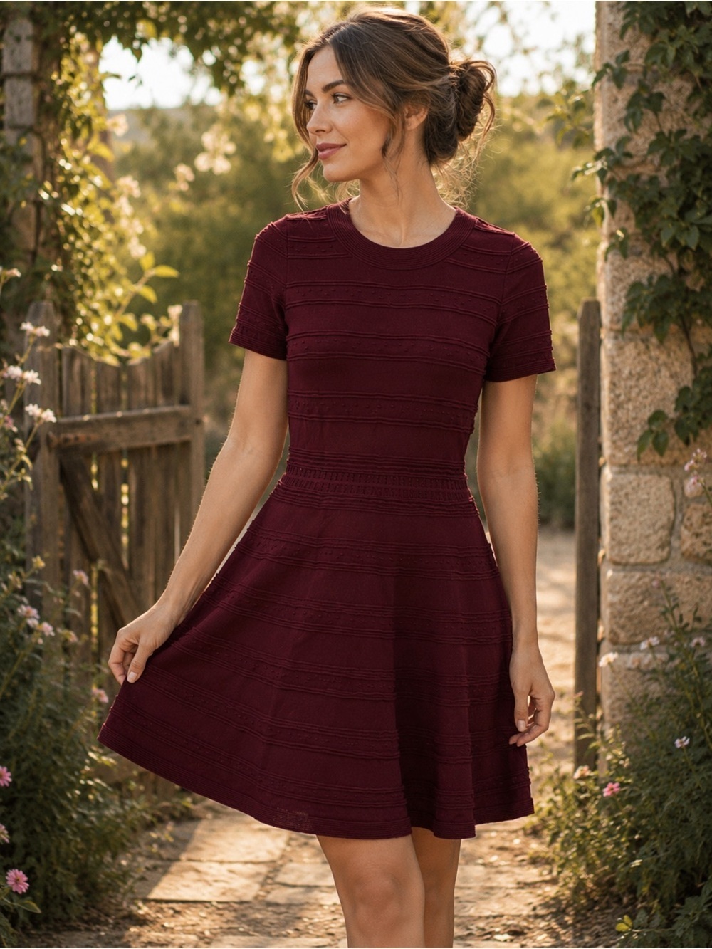 Burgundy Fit Flare Sweater Dress Small Textured Knit Short Sleeve